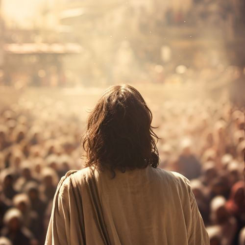 Jesus Christ imparts his teachings before a gathering of people, sharing words of wisdom