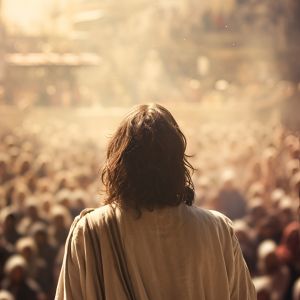 Jesus Christ imparts his teachings before a gathering of people, sharing words of wisdom