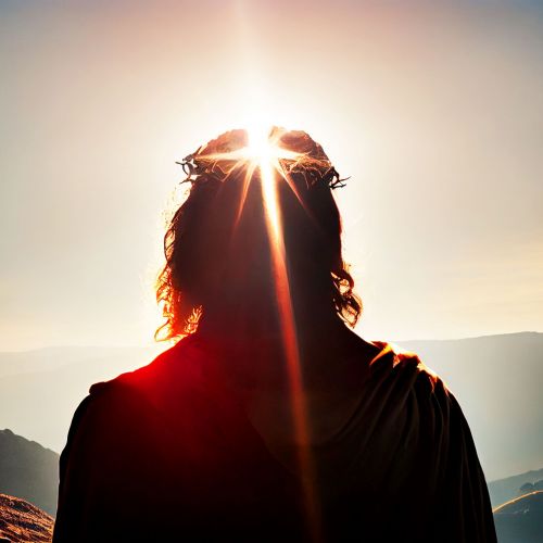 Back view of Jesus Christ with crown of throne looking and praying to god with a sunrise sky background. Good Friday and Easter day concept. Generative AI