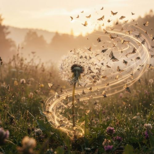Dandelion seeds floating in sunset meadow