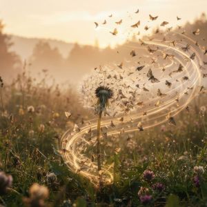 Dandelion seeds floating in sunset meadow