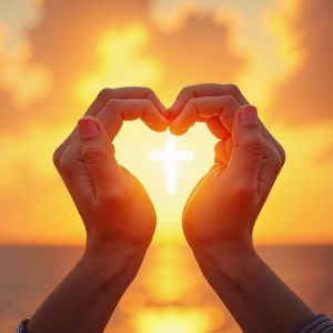 Hands forming heart with cross at sunset